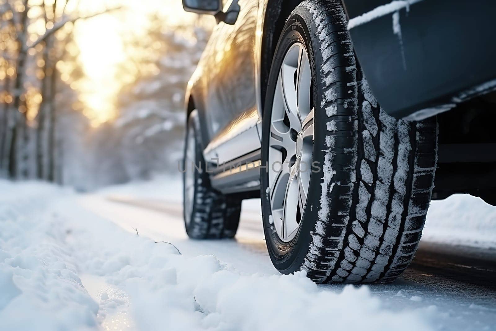 Close-up of car tires in winter on the road by Andrei_01