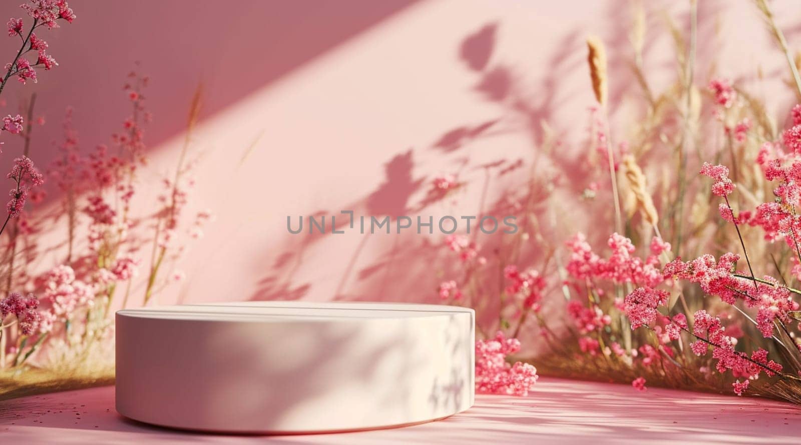 Pink flowers and podium with shadows on pastel background by kizuneko