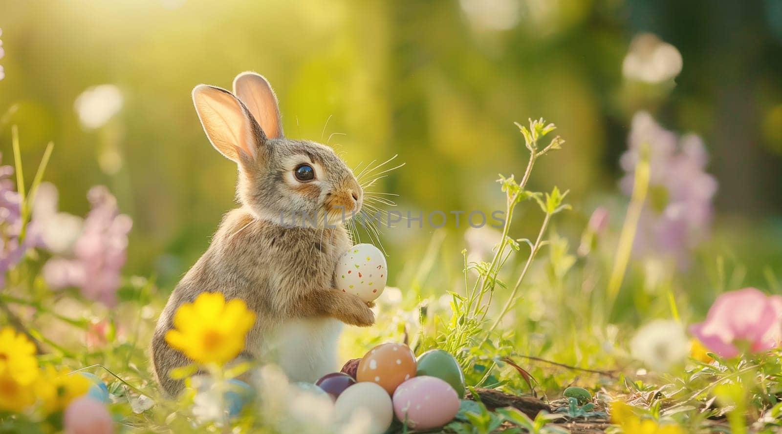 A serene rabbit amidst daisies and Easter eggs in a sunlit spring meadow. High quality photo