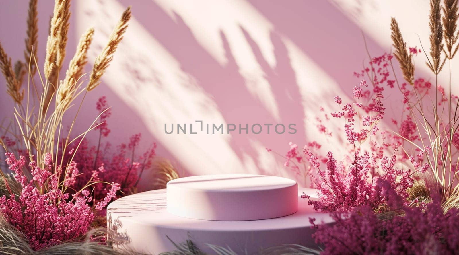 Pink-hued floral arrangement with shadows on a pink backdrop, creating a serene, monochromatic setting. High quality photo
