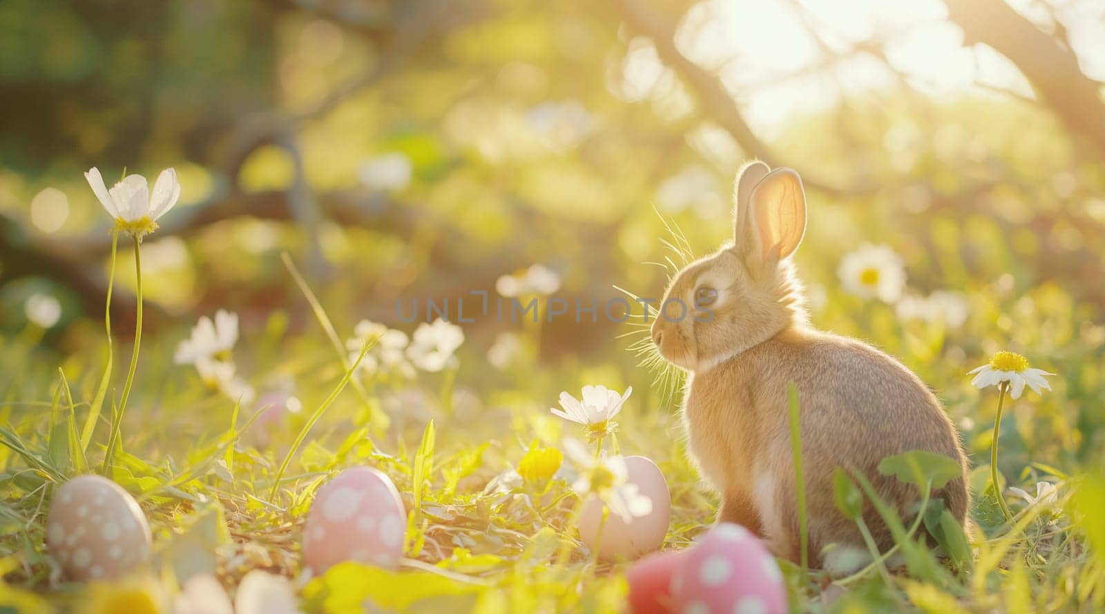 A serene rabbit amidst daisies and Easter eggs in a sunlit spring meadow by kizuneko