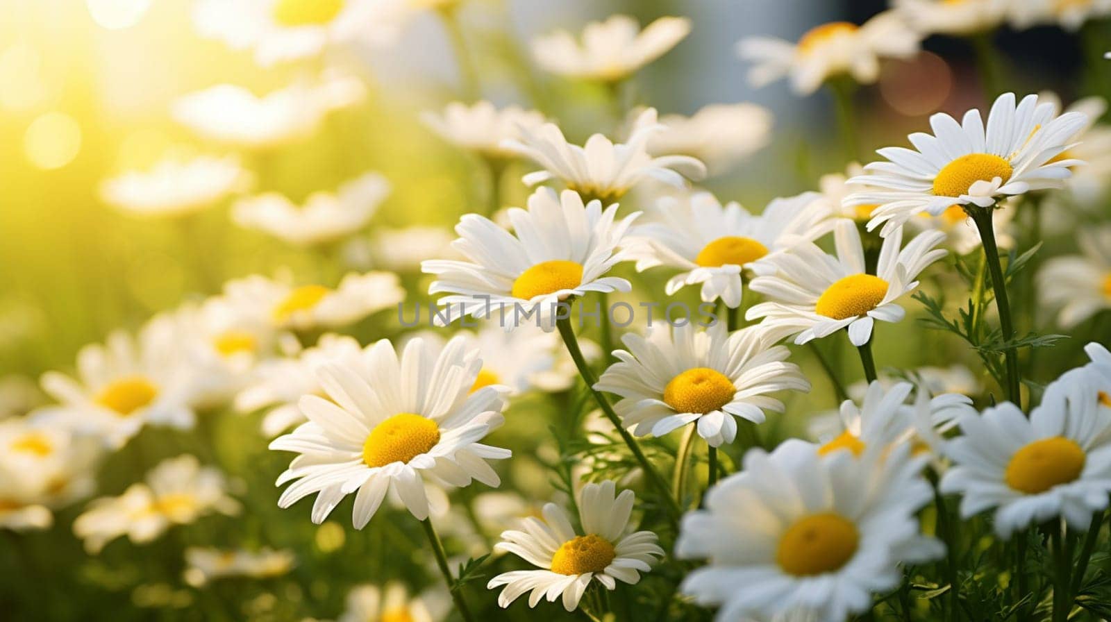 A field of Chamaemelum nobile flowers, also known as daisies, with the sun shining through them, creating a beautiful display of yellow and white petals against the lush green grass