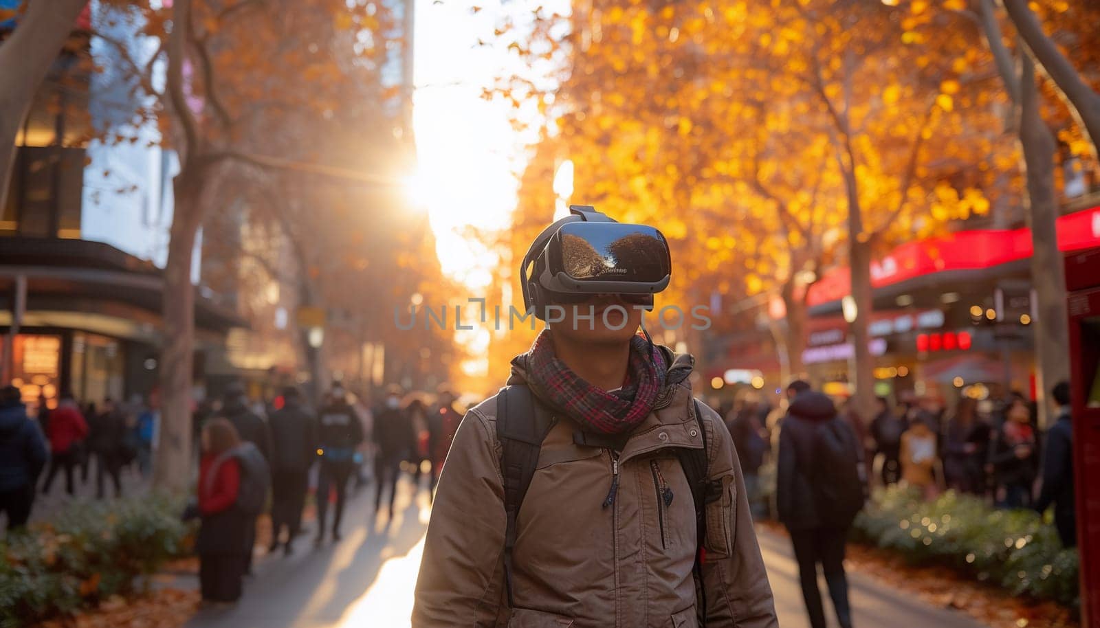 A man in VR glasses on a city street. High quality photo