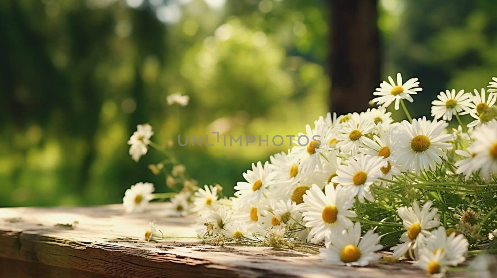 Bouquet of daisies on a wooden table, bathed in warm sunlight by kizuneko