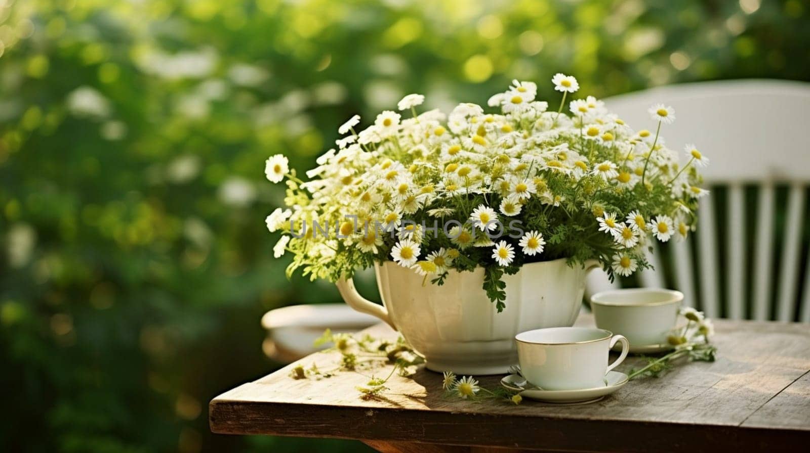 Teapot with white daisies on a wooden table outdoors. High quality photo