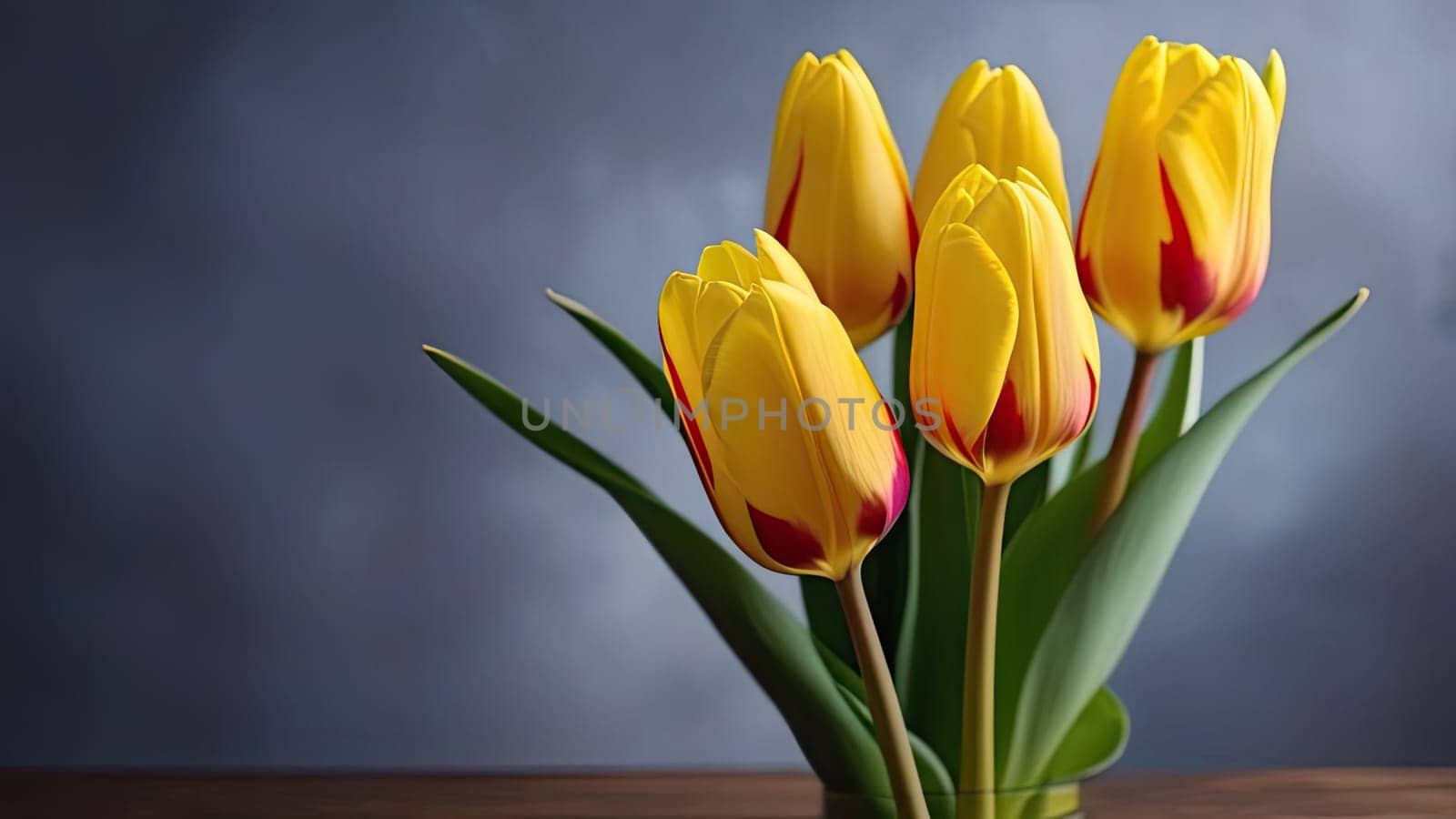 A bouquet of beautiful and delicate yellow tulips stand on a wooden table. Space for copying. Place for text. Banner. Close-up.