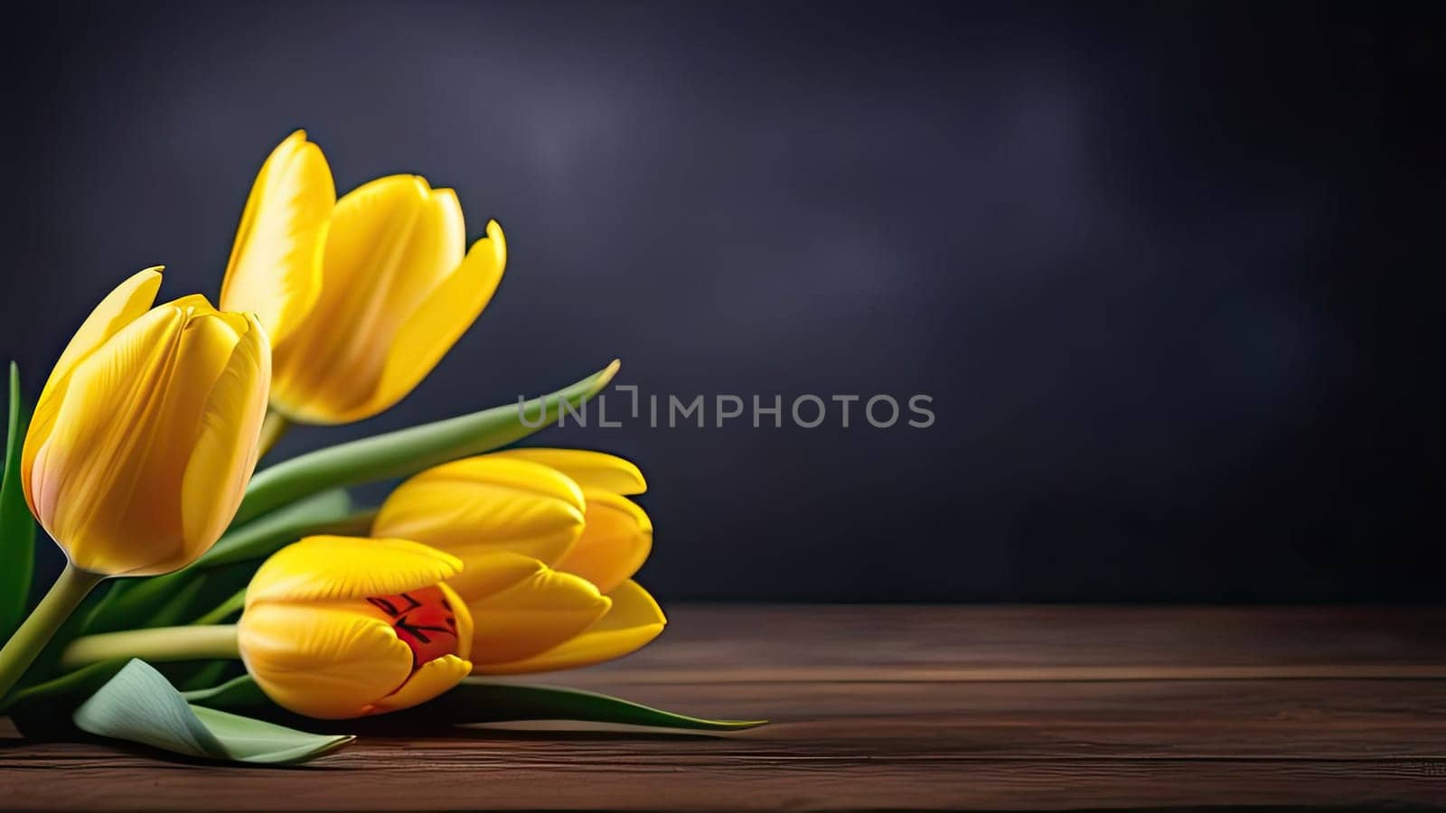 A bouquet of beautiful and delicate yellow tulips lie on a wooden table. Space for copying. Place for text. Banner. Close-up.