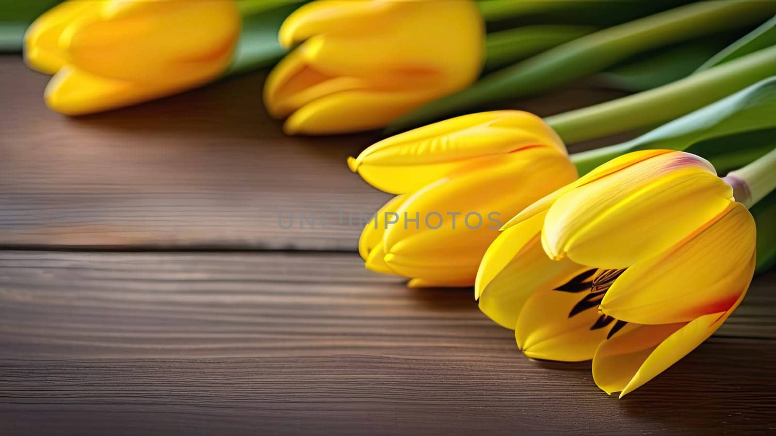 A bouquet of beautiful and delicate yellow tulips lie on a wooden table. Space for copying. Place for text. Banner. Close-up.