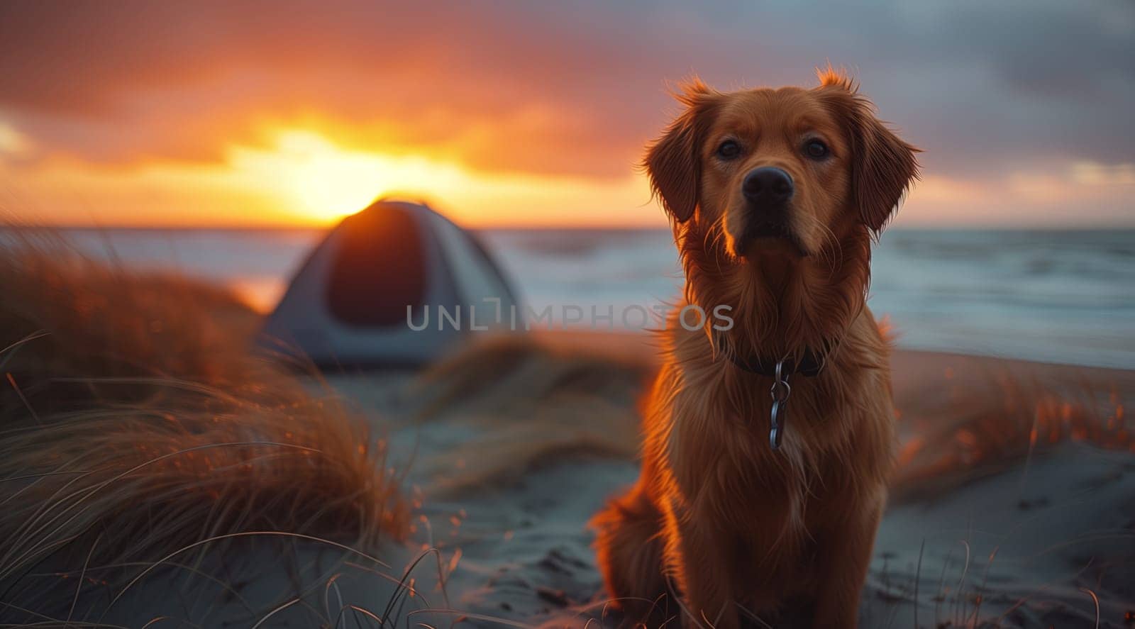 a dog is sitting on the beach at sunset with a tent in the background by richwolf