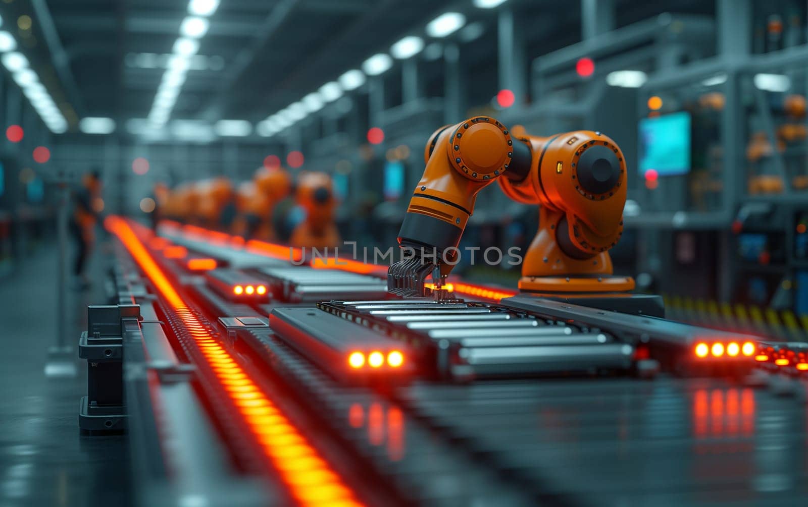 An automated conveyor belt in the factory moves robots made of composite material along the production line, showcasing the integration of engineering and industry