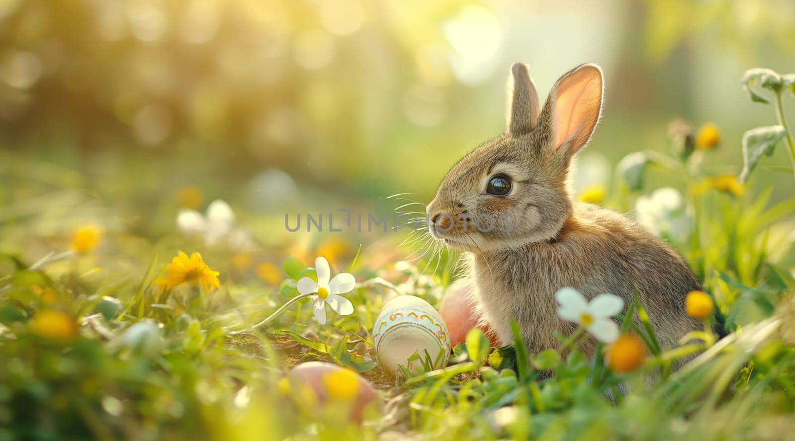 A bunny among flowers and Easter eggs in the sunlight. High quality photo