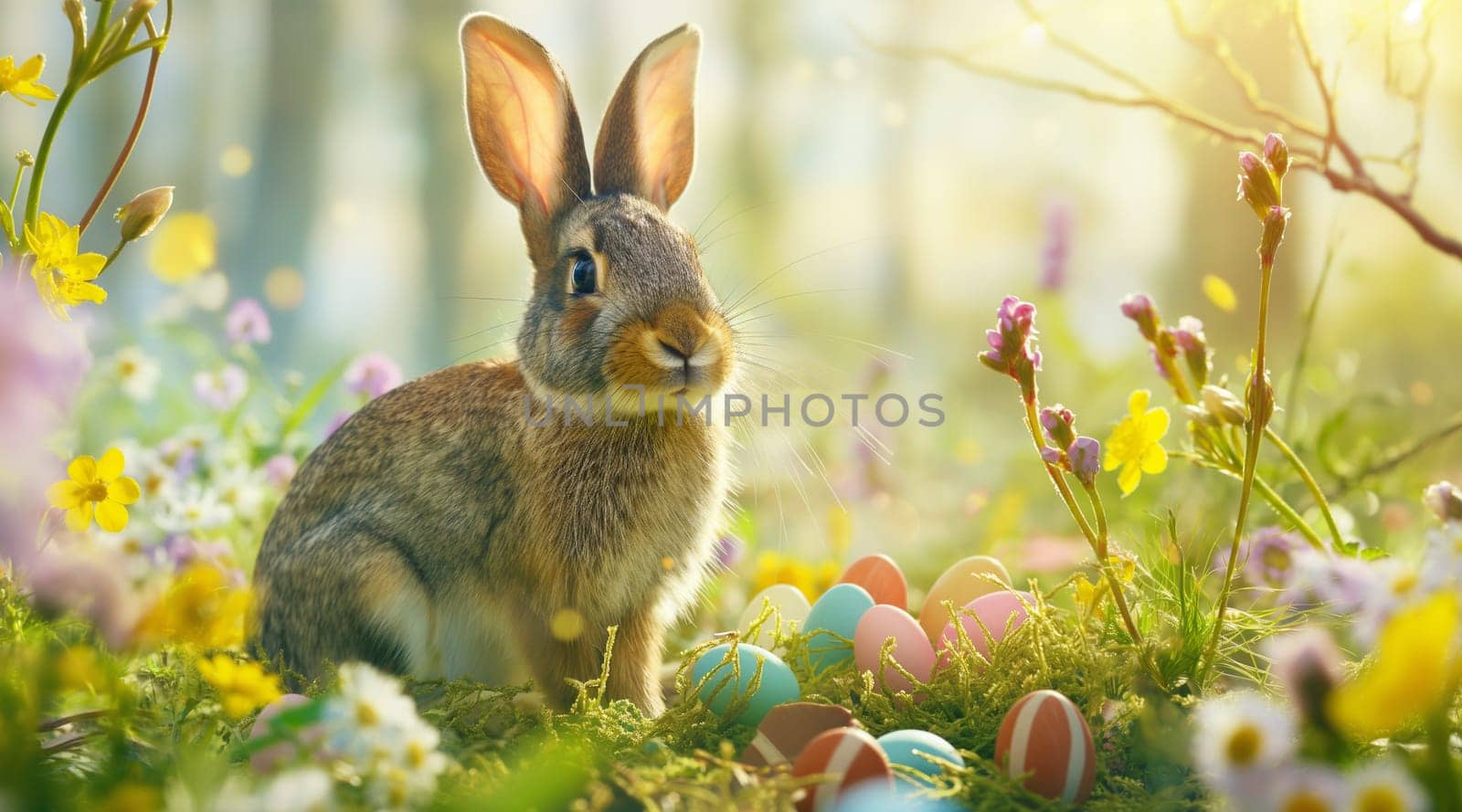 Rabbit surrounded by Easter eggs and flowers in sunlit field by kizuneko