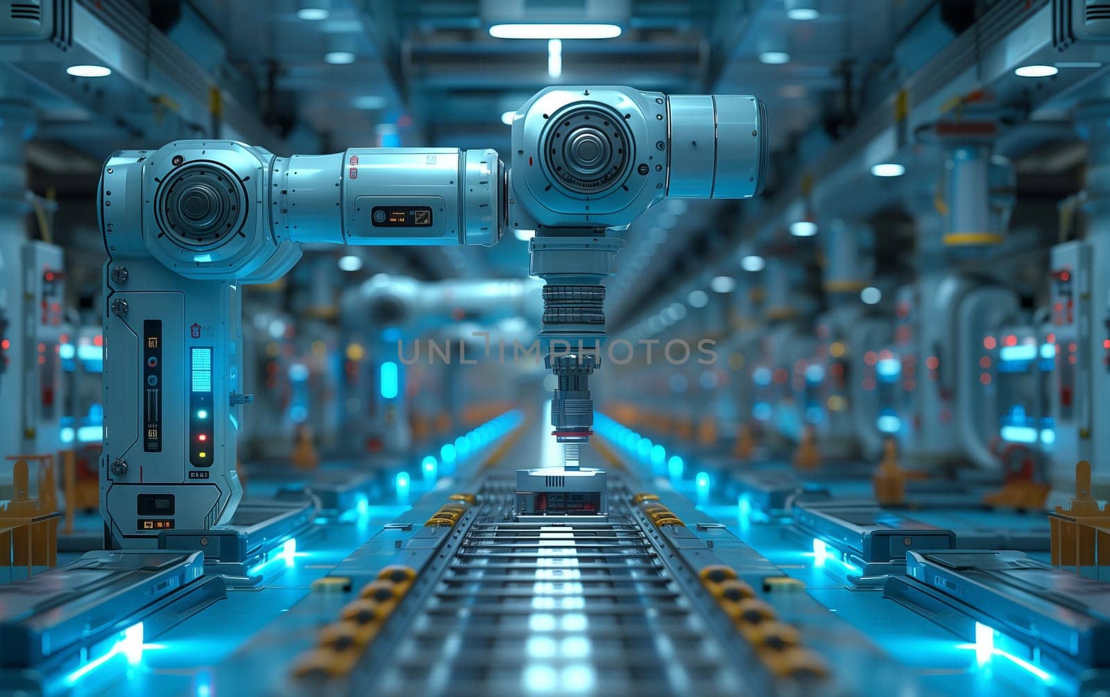 Aqua robotic arm on conveyor belt in Engineering factory by richwolf