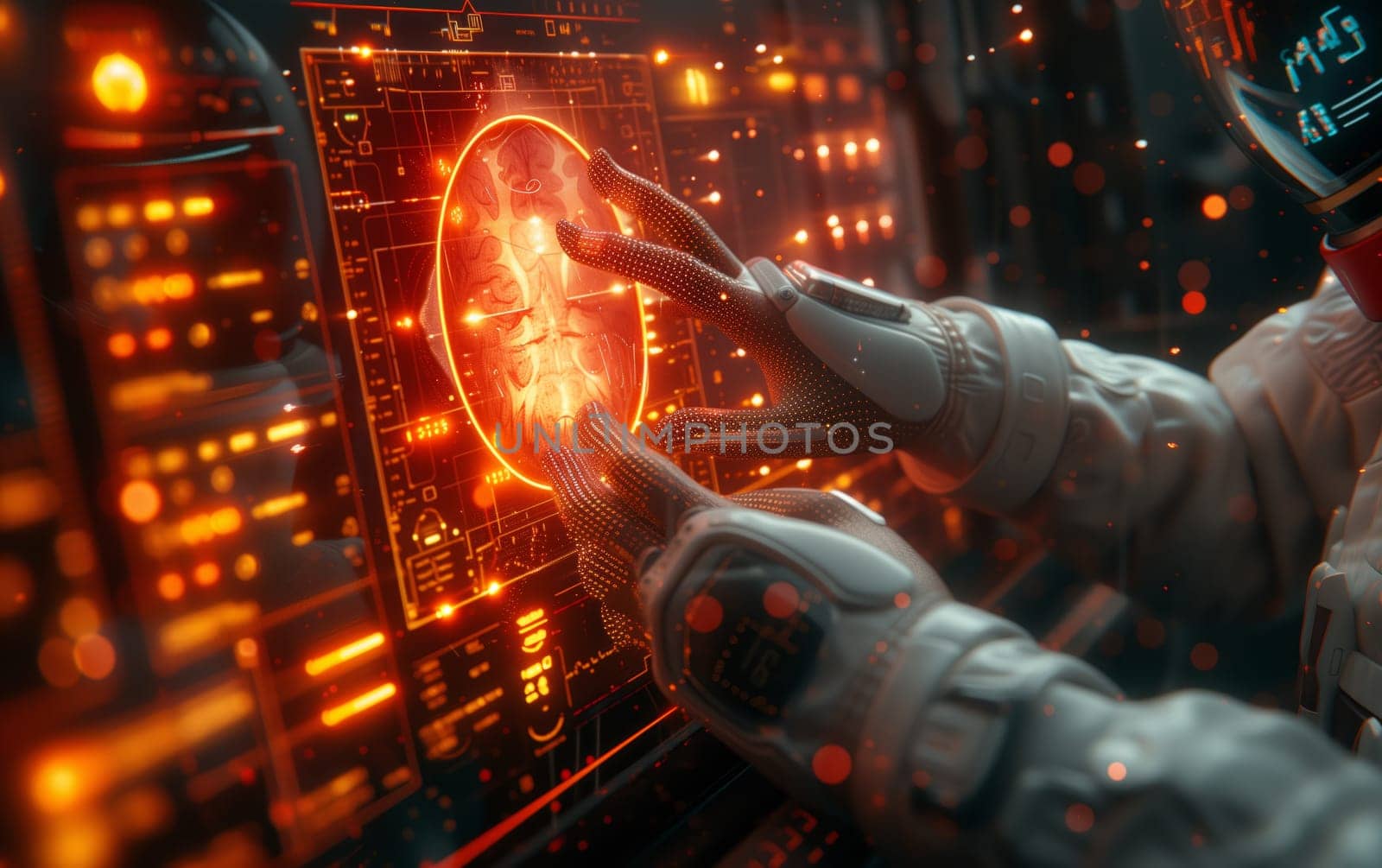 A man in a space suit interacts with a futuristic computer screen by richwolf