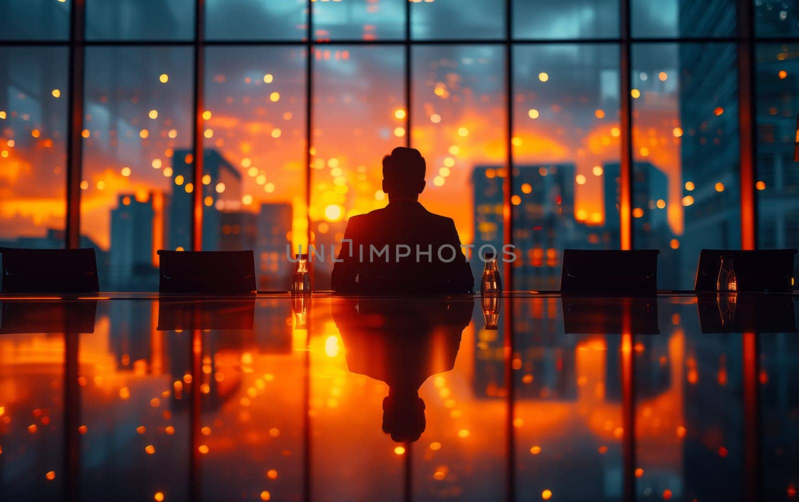 A man sits at a table by a window overlooking the city skyline at dusk, with the sky painted in tints and shades of red and orange as the sun sets over the horizon