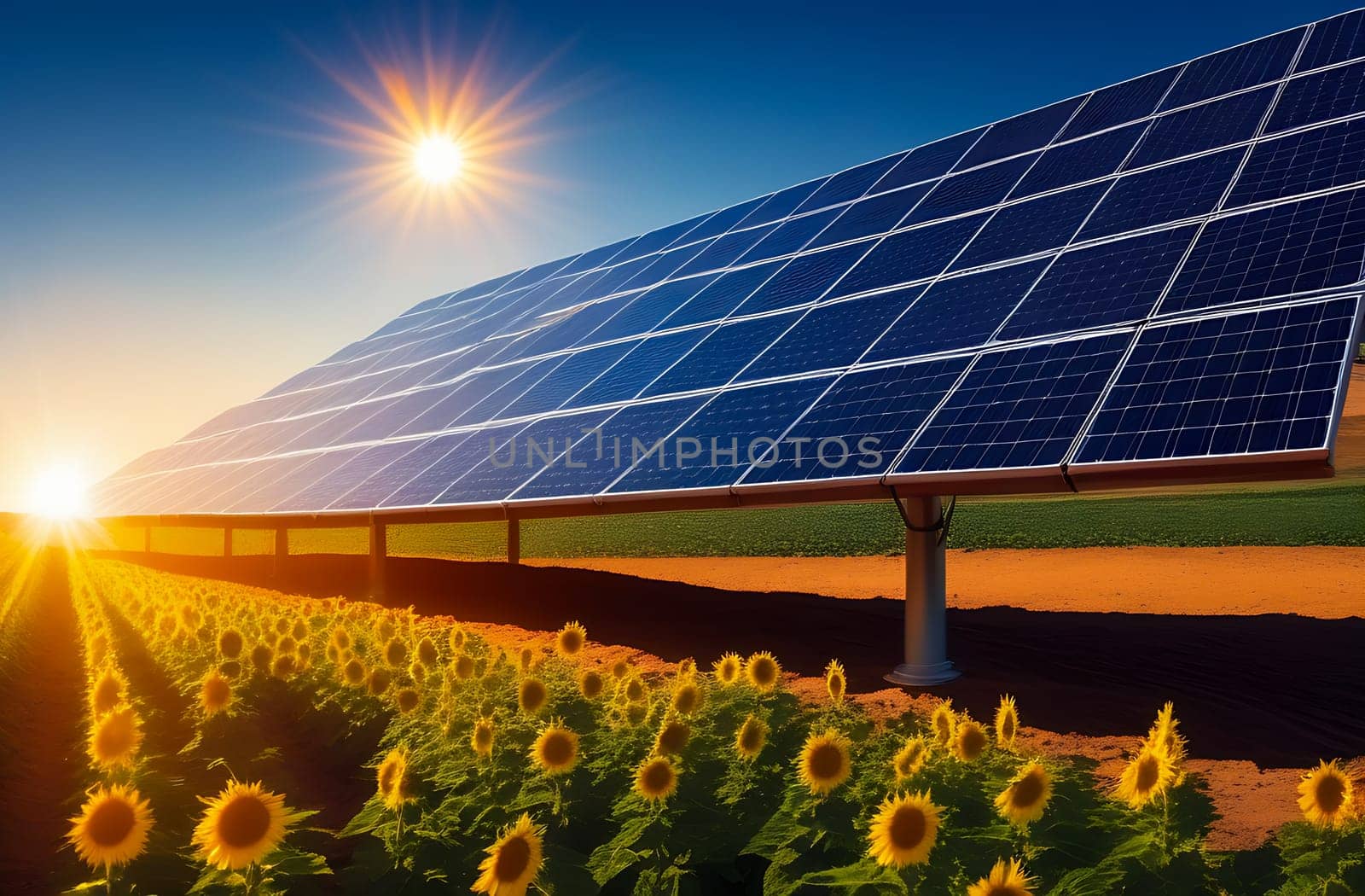 Solar panels as an alternative source of environmentally friendly energy, sunflower field on the background of solar panels.