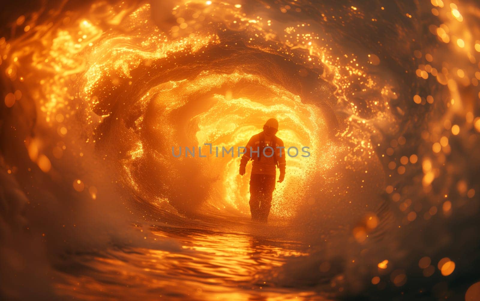 A man is navigating through a fiery tunnel, experiencing the intense heat and mesmerizing atmospheric phenomenon, resembling an artistic painting in a geological landscape setting