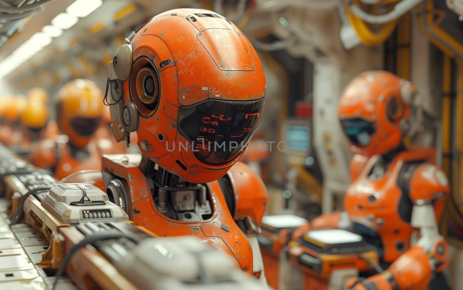 Robots in a factory are assembling sports gear and helmets on a conveyor belt by richwolf