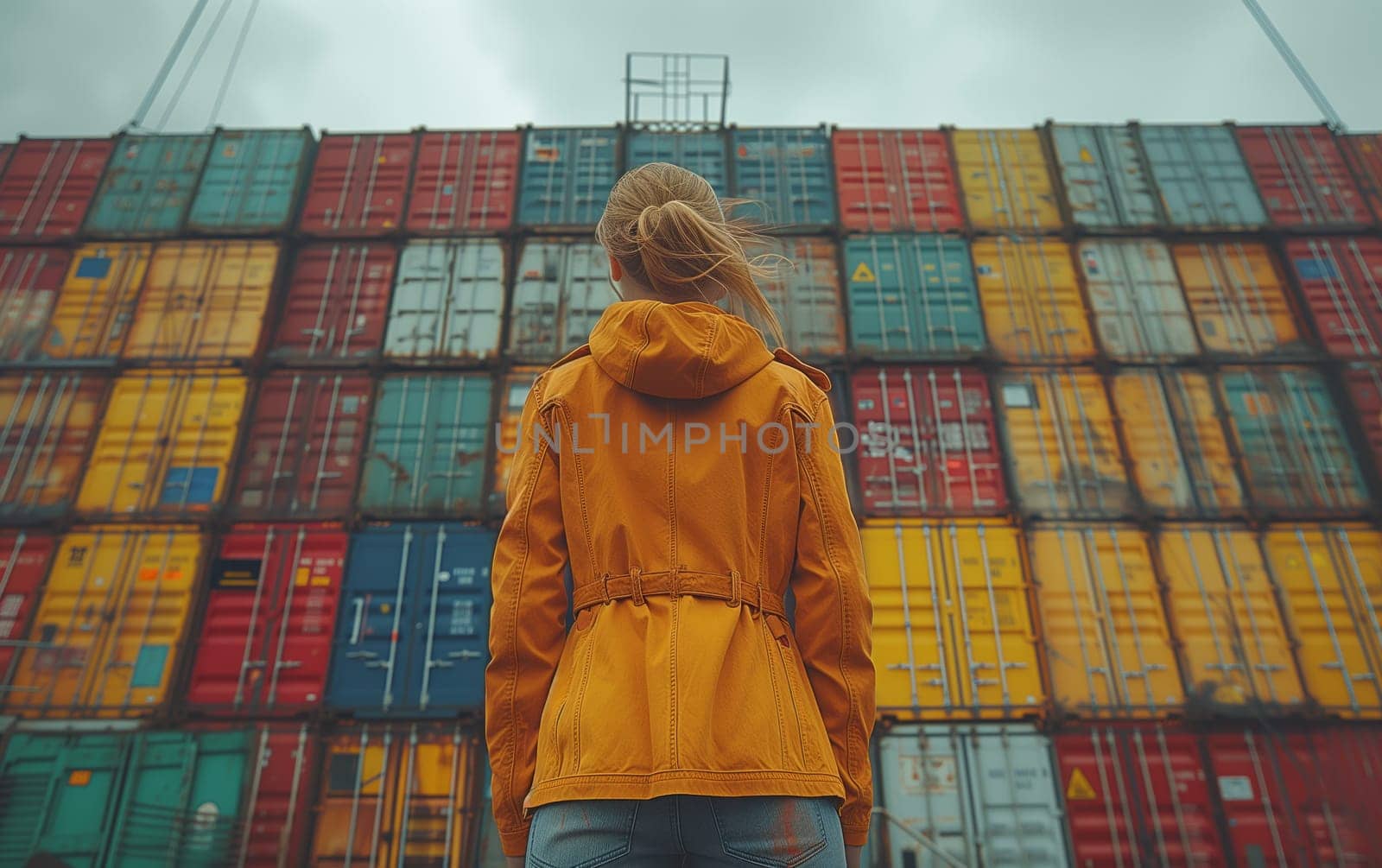 A woman in a vibrant magenta jacket stands in front of a wall of shipping containers, creating a striking visual arts composition with bold symmetry and patterns