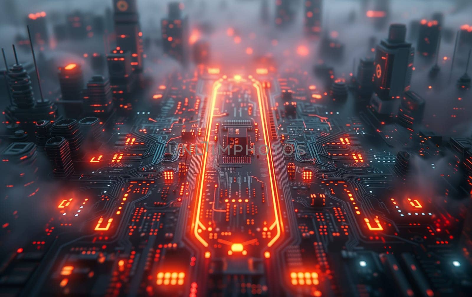 Aerial view of a futuristic city at night with neon lights by richwolf