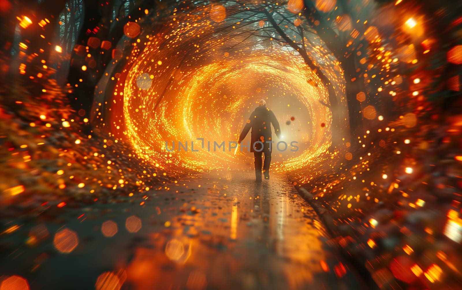A man strolls through a luminous tunnel, surrounded by a celestial atmosphere by richwolf