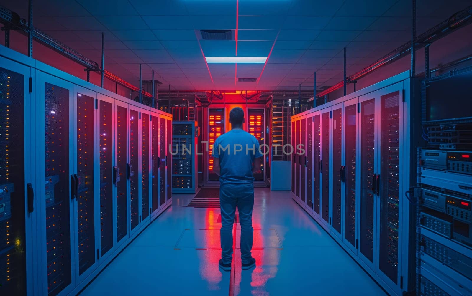 A man in the Azure data center building stands among electric blue servers by richwolf