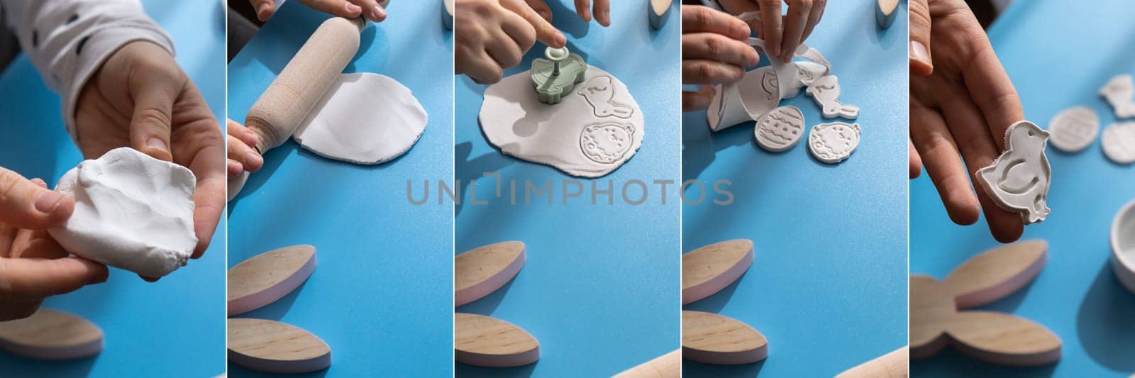 Collage tutorial Creator is using white air dry clay for making decor to EASTER holiday. Creating hobby recreation activity that involves fingers. DIY crafting Modern art
