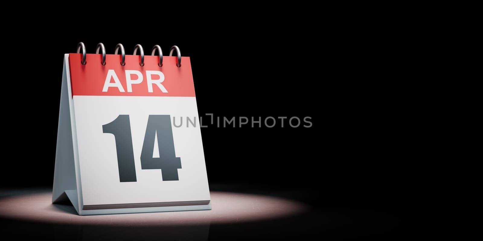 Red and White April 14 Desk Calendar Spotlighted on Black Background with Copy Space 3D Illustration