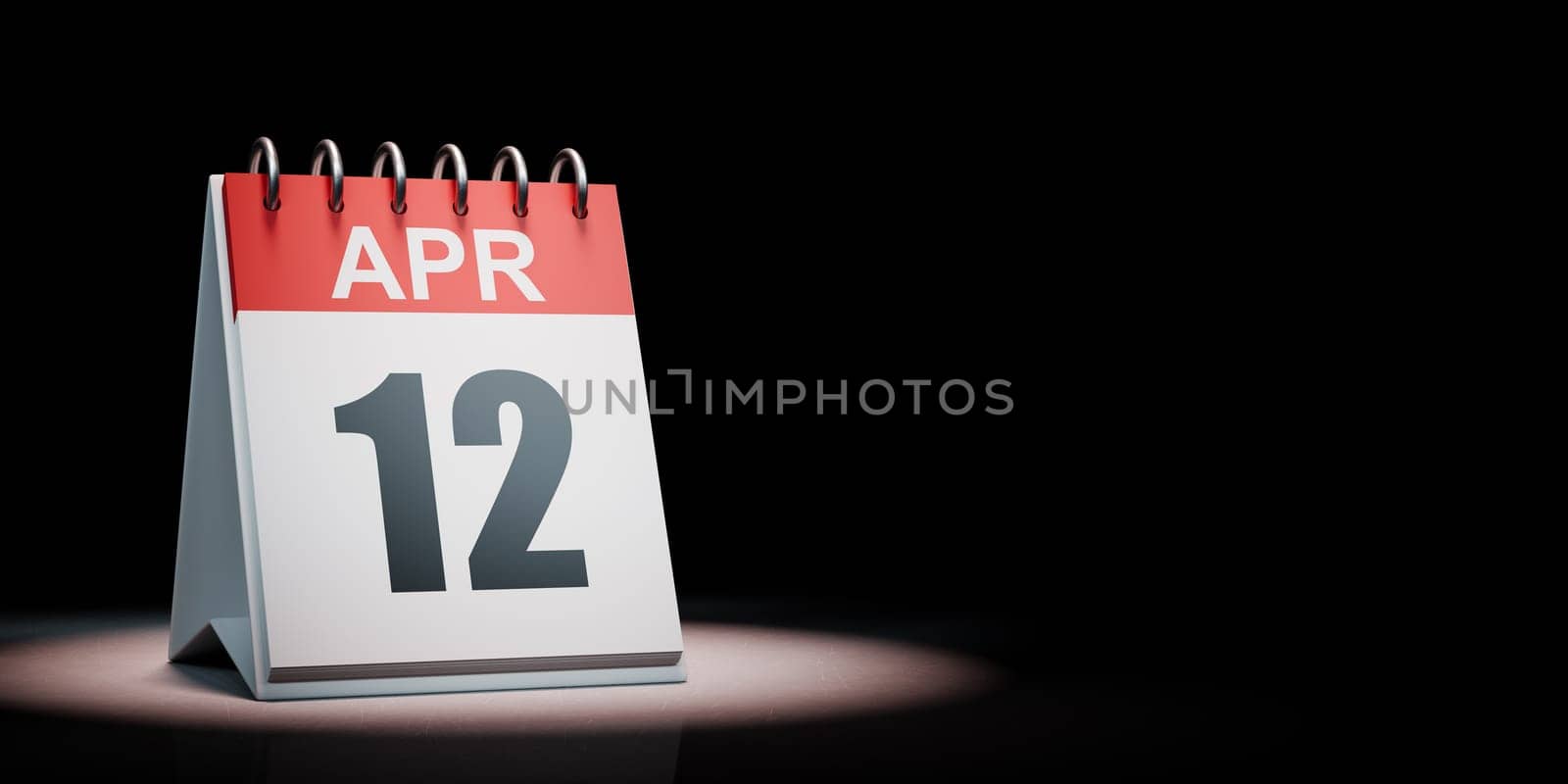Red and White April 12 Desk Calendar Spotlighted on Black Background with Copy Space 3D Illustration