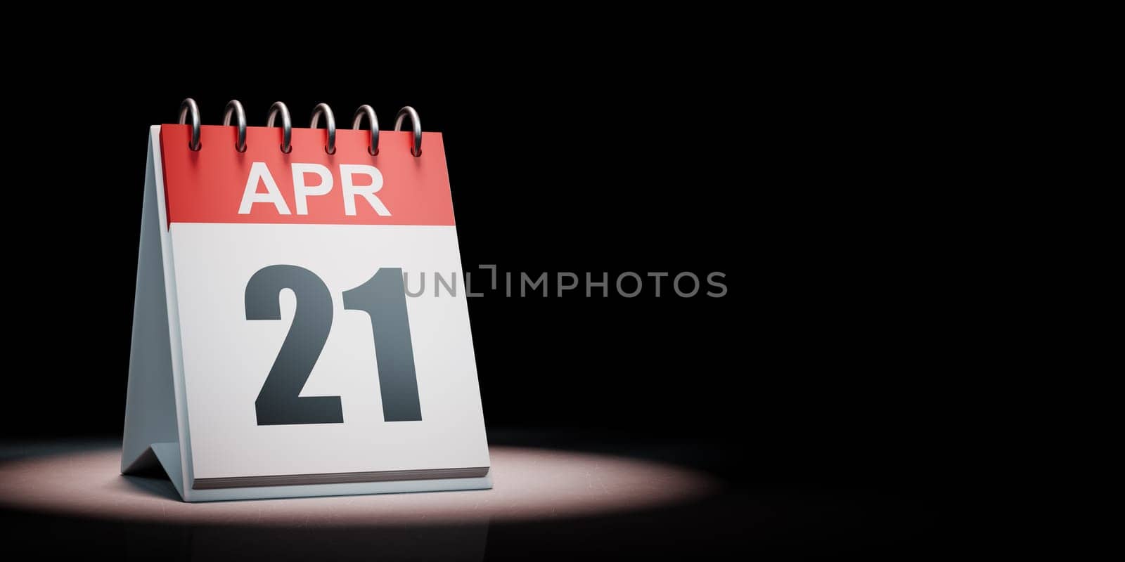 Red and White April 21 Desk Calendar Spotlighted on Black Background with Copy Space 3D Illustration