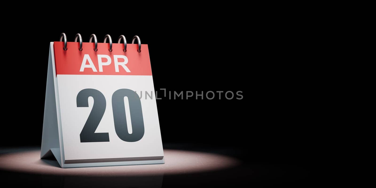 Red and White April 20 Desk Calendar Spotlighted on Black Background with Copy Space 3D Illustration