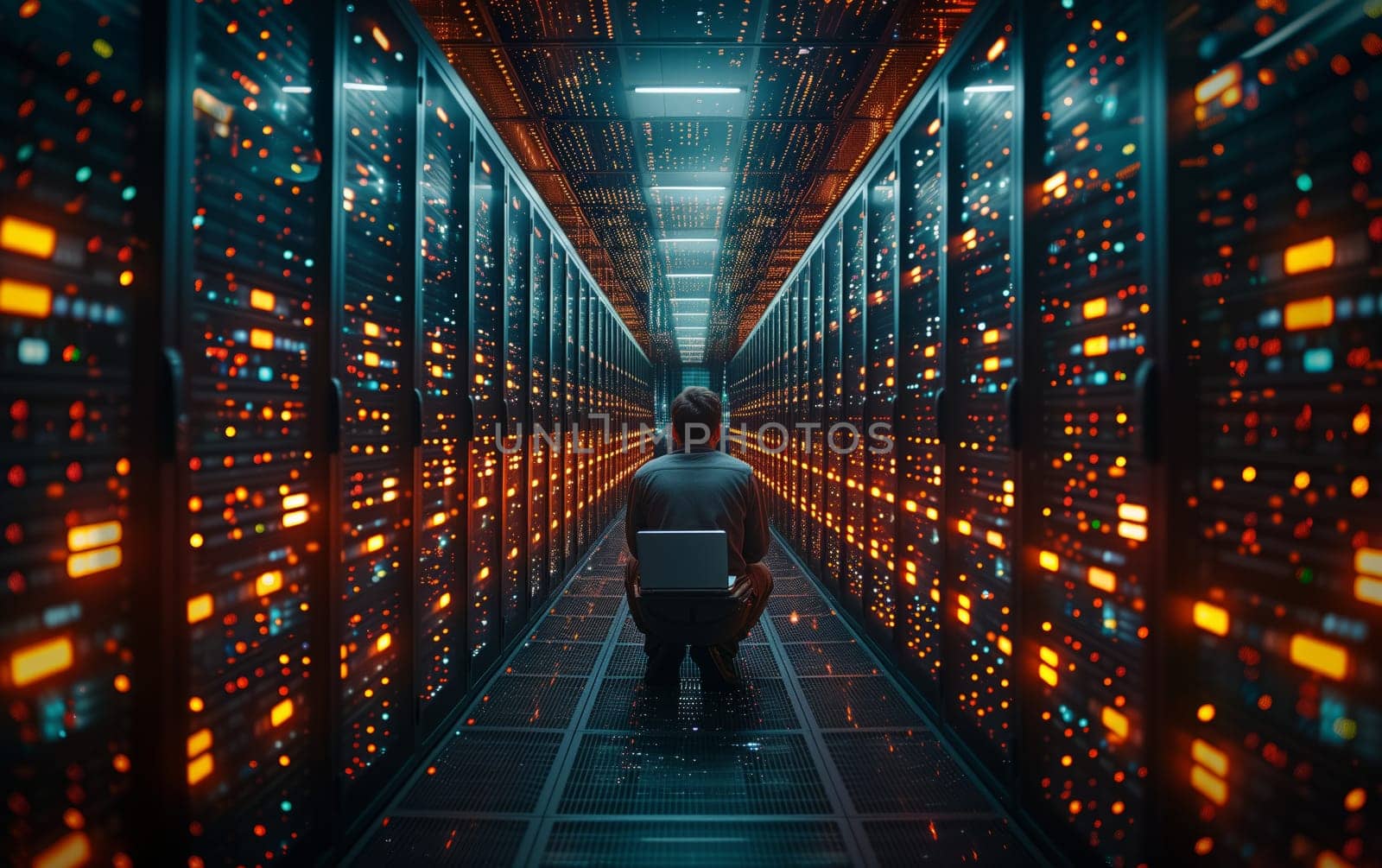 A man in a server room with laptop in a dark building by richwolf