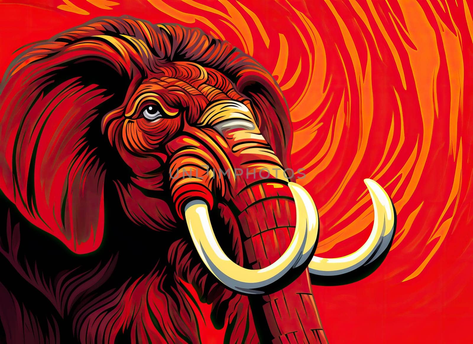 Mammoth. Abstract portrait of a fairy tale mystical animal in psychedelic pop art style. Isolated on a red background. Template for t-shirt print, sticker, poster, etc.