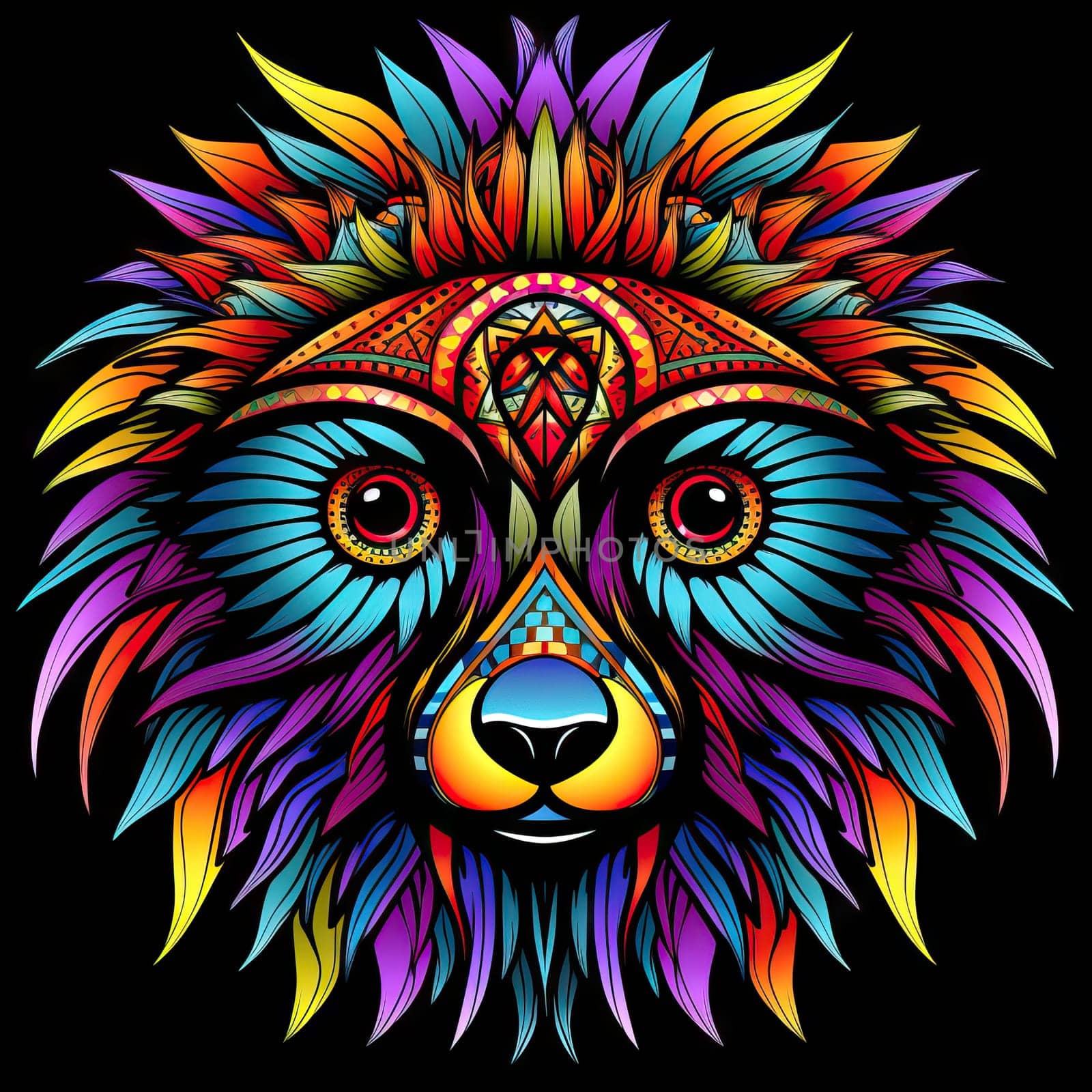 Abstract portrait of a fairy tale mystical animal in psychedelic pop art style Isolated on a black background. Template for t-shirt print, sticker, poster, etc.