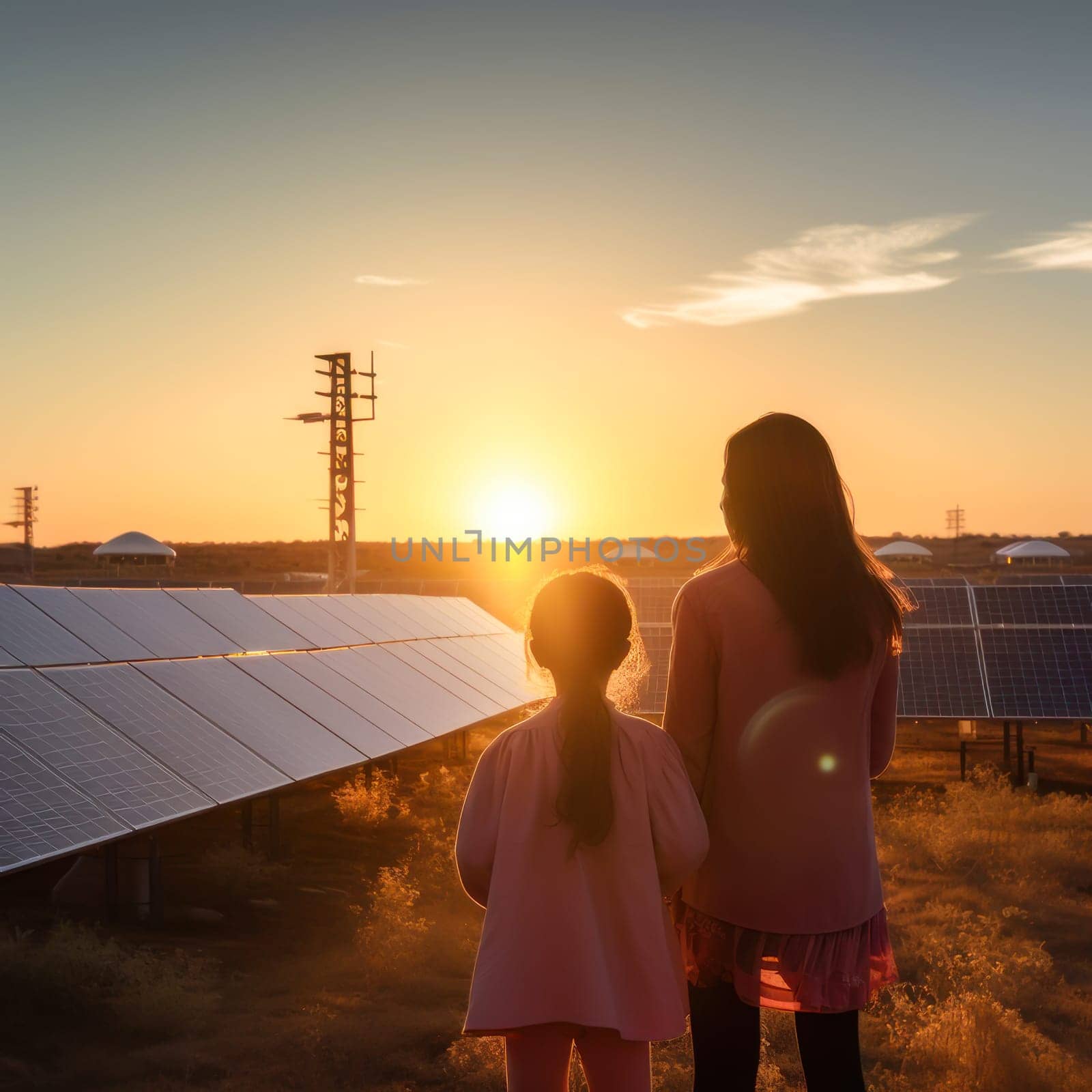 Family, children, on the background of windmills and solar panels outdoors by Alla_Yurtayeva