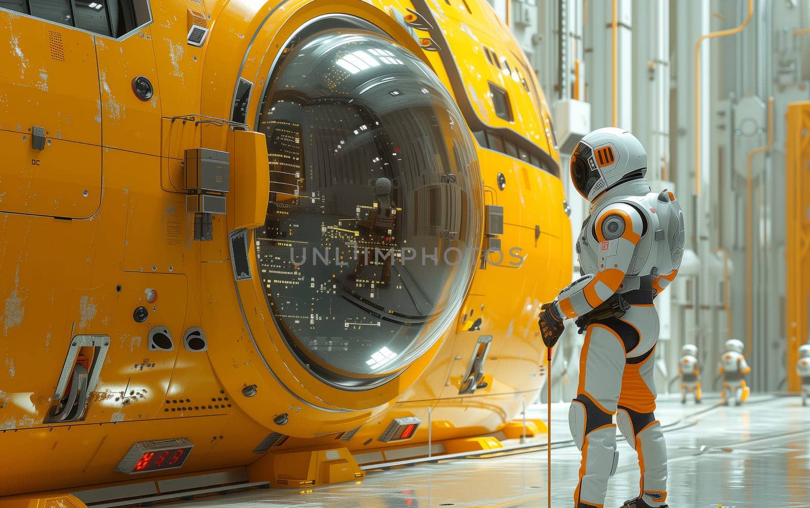 A man in workwear and a space suit is standing in front of a yellow vehicle, an engineering marvel ready for space exploration