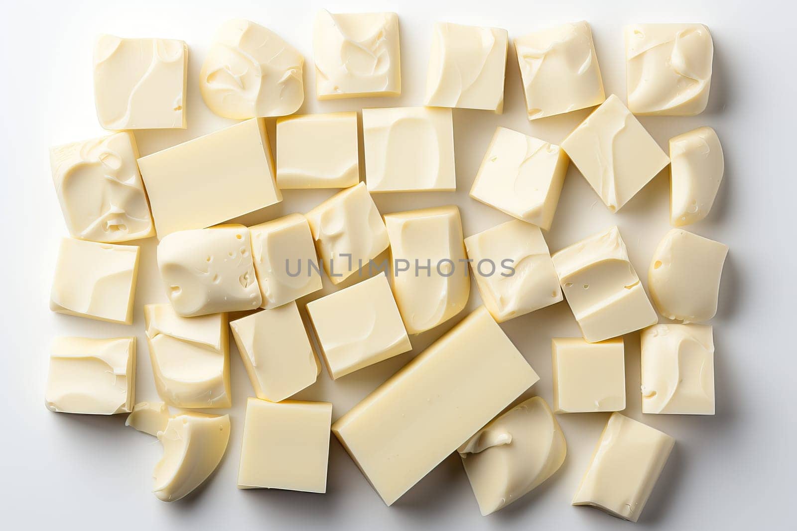Chopped white chocolate on a white background close up, banner and copy space with white chocolate.