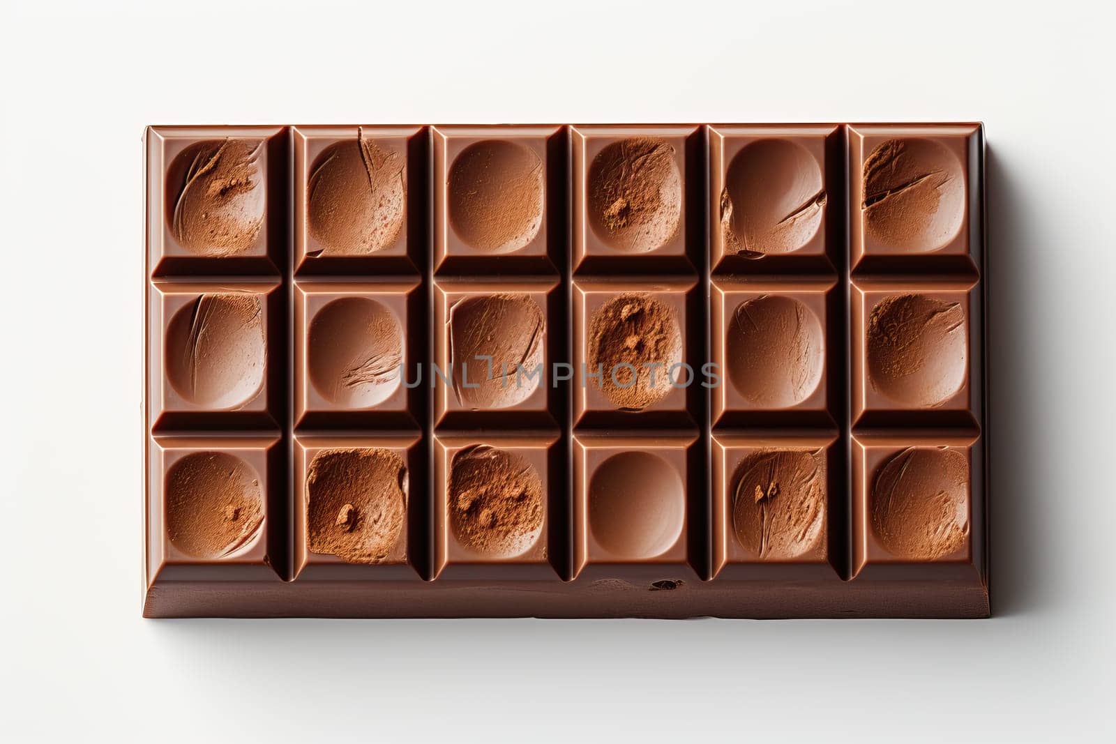Large bar of milk chocolate with serving squares isolated on white background, top view of chocolate.
