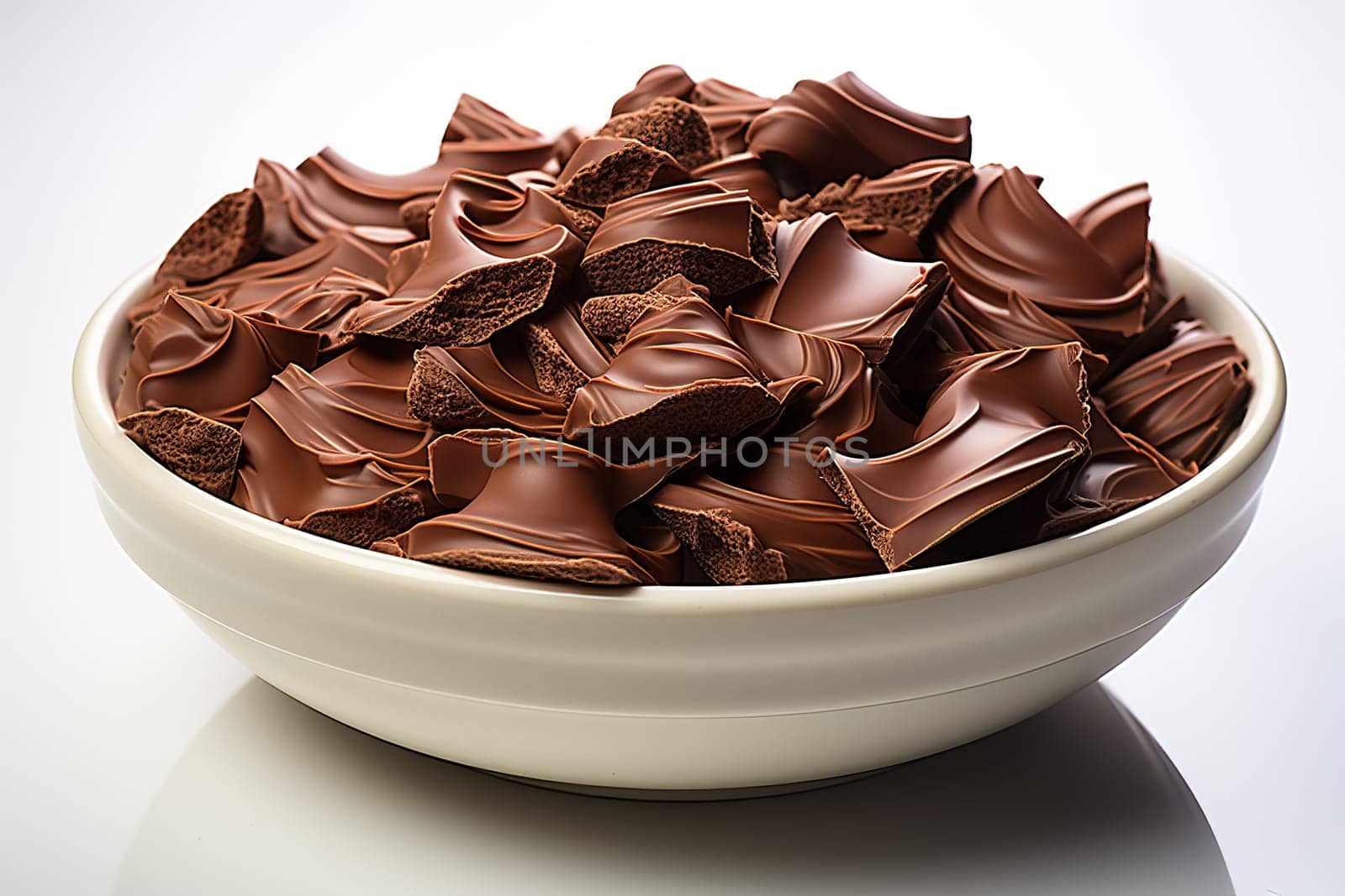 Chopped chocolate with cocoa powder on a white background, banner with chocolate. by Niko_Cingaryuk