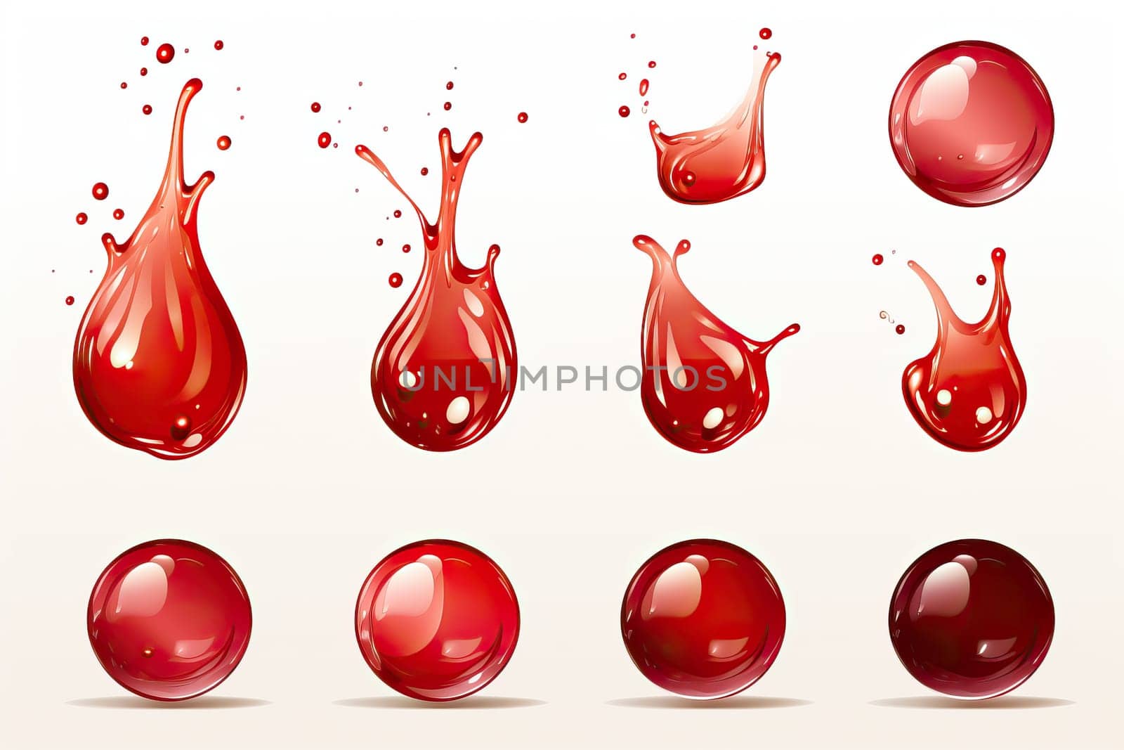 set of red drops and splashes of ketchup or sauce isolated on white background. by Niko_Cingaryuk
