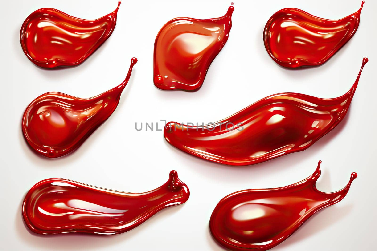 set of red drops and splashes of ketchup or sauce isolated on white background. by Niko_Cingaryuk