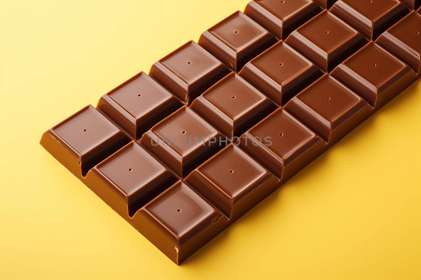 Milk chocolate bar on yellow background, top view of chocolate, yellow banner with chocolate.