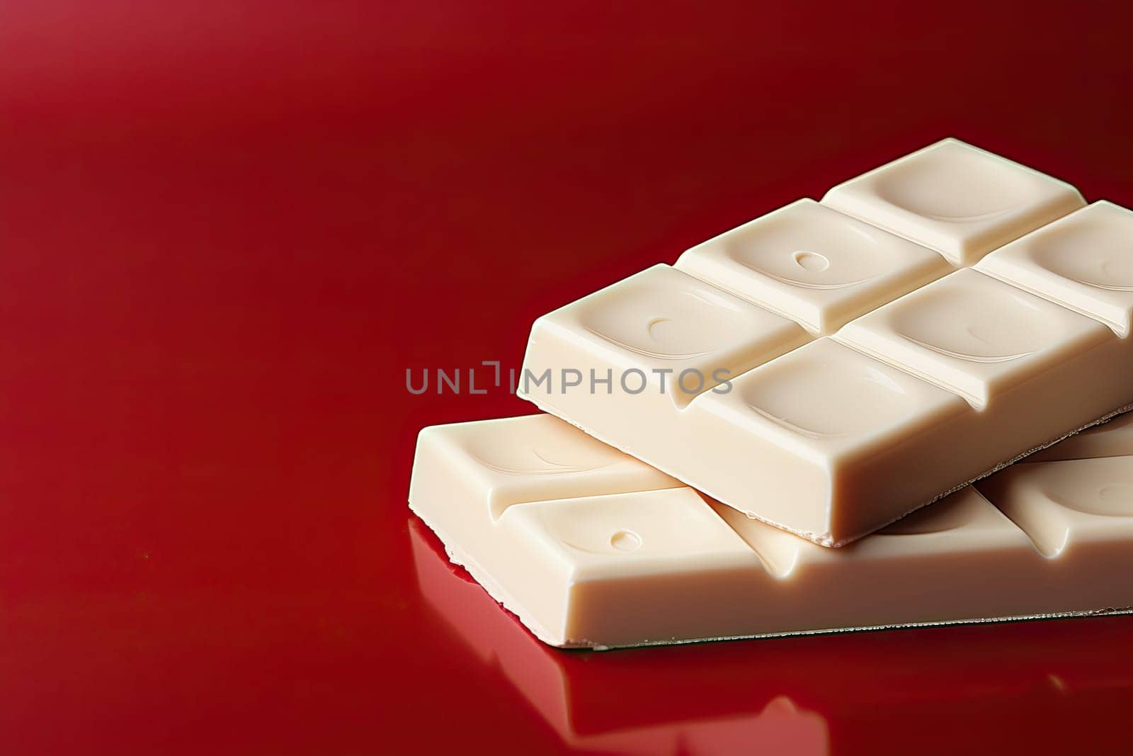 Milk white chocolate on a red background, white chocolate made from cocoa butter.