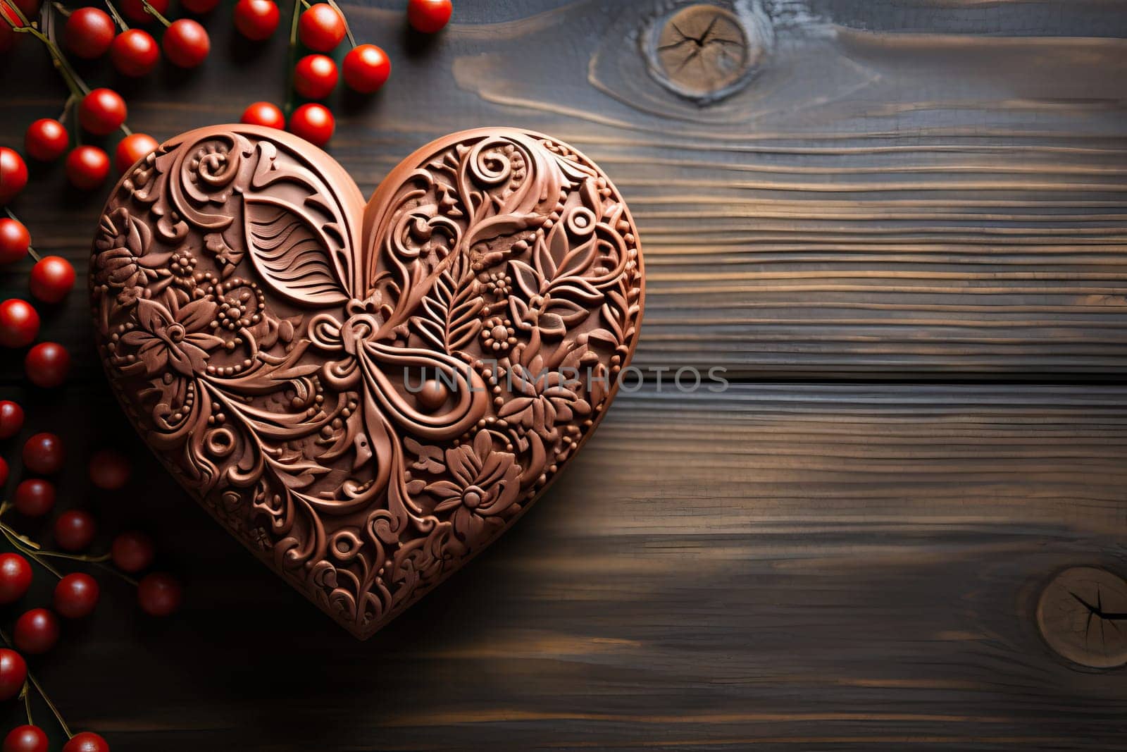 Chocolate heart for gift, chocolate heart made of chocolate candies on wooden background, greeting card and copy space.