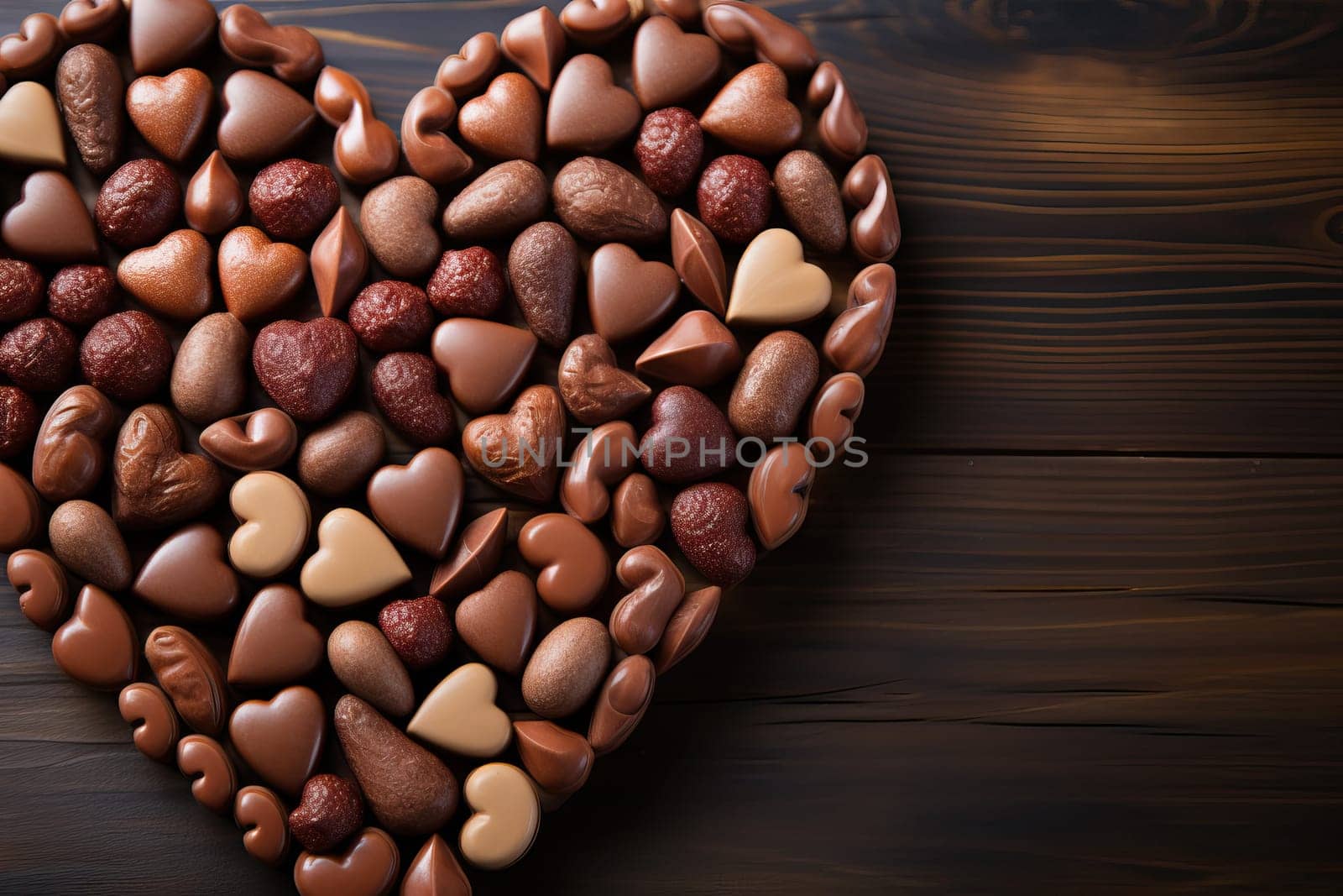 Chocolate heart for gift, chocolate heart made of chocolate candies on wooden background, greeting card and copy space.