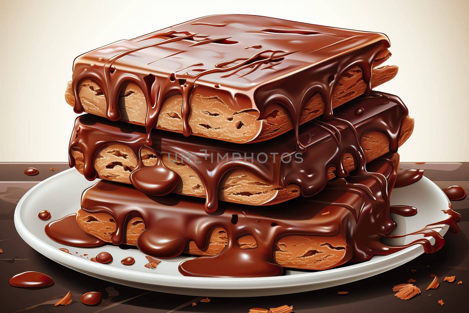 honey cakes covered with melted chocolate on a white plate, pastry with chocolate.