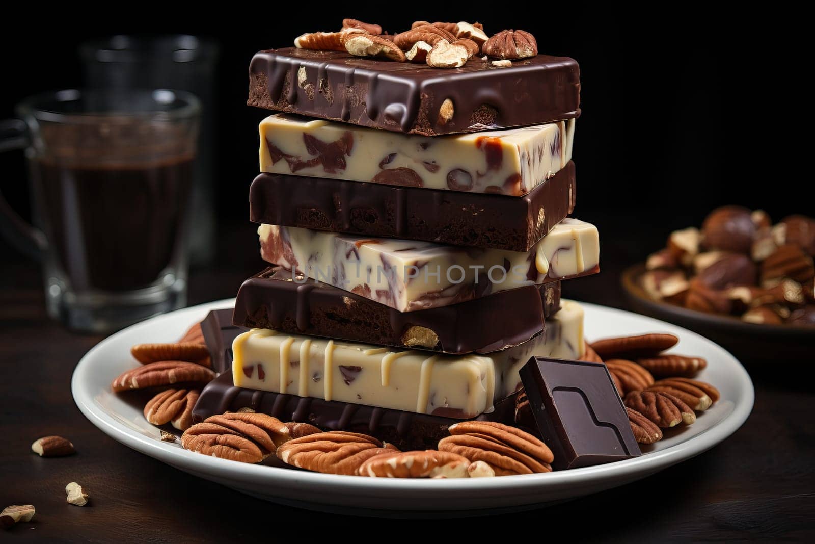 Various pieces of chocolate on a plate with nuts on a black background.