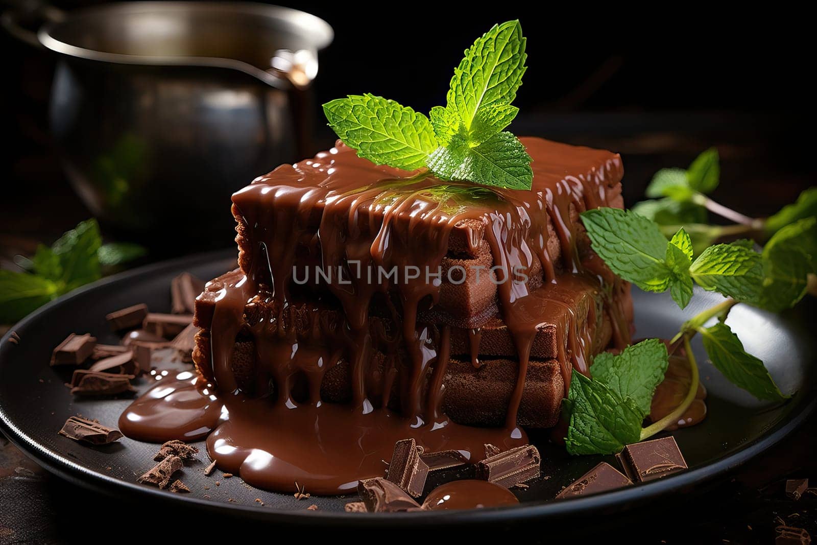 melted chocolate pouring into a piece of chocolate bars with green mint leaf on a table by Niko_Cingaryuk