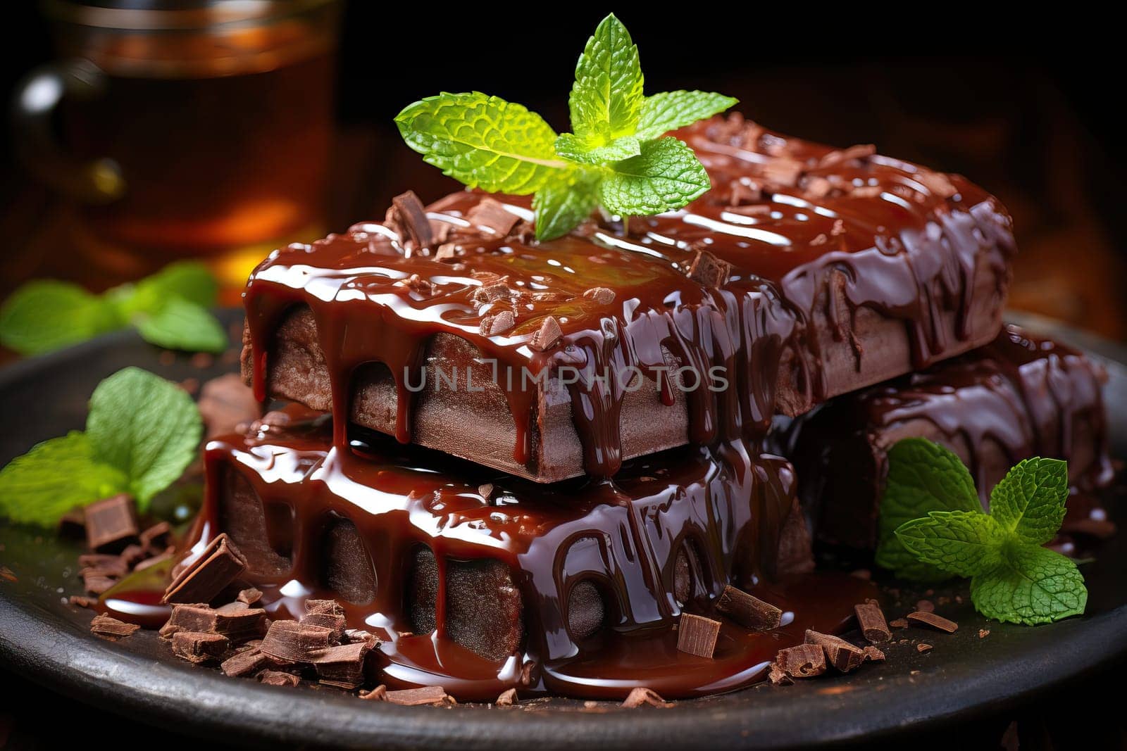 melted chocolate is poured on a piece of chocolate bars with a green mint leaf on the table on a black plate.