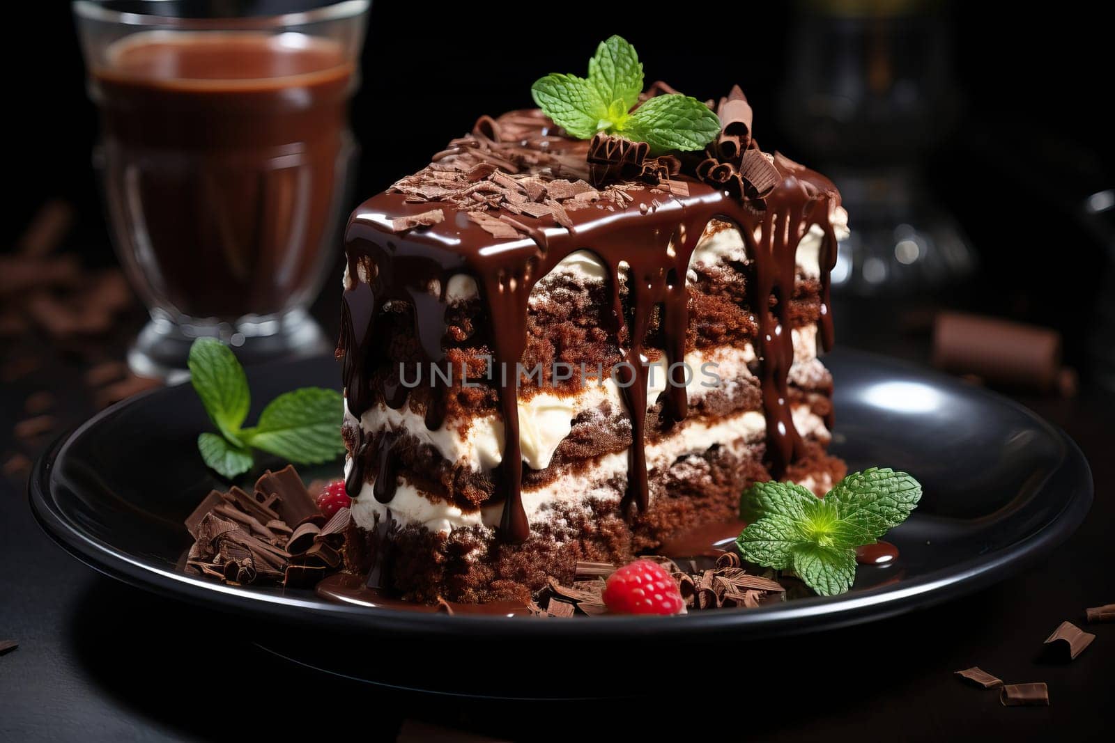 Plate with slice of tasty homemade chocolate cake on table by Niko_Cingaryuk